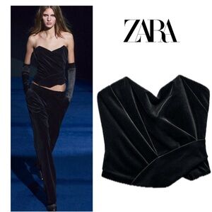 Zara ZW Collection black velvet strapless corset bustier top blouse Sz S NWOT